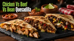 Home 14 Three quesadilla fillings, chicken, beef and bean, compared side by side at Pico De Gallo
